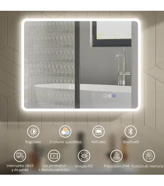Espejo de Baño con Luz LED 90x70 cm con Bluetooth 3 Colores de Luz Función Antivaho Función de Memoria IP44