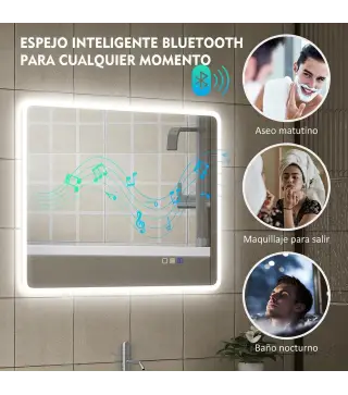 Espejo de Baño con Luz LED 90x70 cm con Bluetooth 3 Colores de Luz Función Antivaho Función de Memoria IP44
