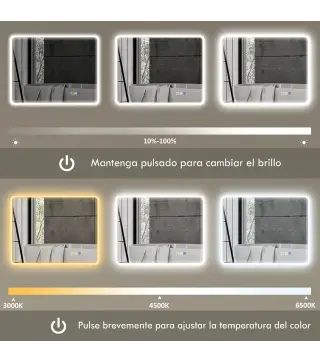 Espejo de Baño con Luz LED 90x70 cm con Bluetooth 3 Colores de Luz Función Antivaho Función de Memoria IP44
