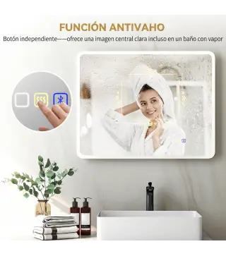 Espejo de Baño con Luz LED 90x70 cm con Bluetooth 3 Colores de Luz Función Antivaho Función de Memoria IP44