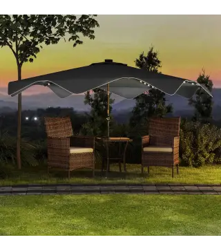 Sombrilla de Jardín Manual Ø292x254 cm con 32 Luces LED Solares 8 Varillas Impermeable y Rejillas de Ventilación Gris