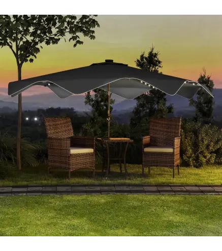 Sombrilla de Jardín Manual Ø292x248 cm con 32 Luces LED Solares 8 Varillas Impermeable y Rejillas de Ventilación Gris