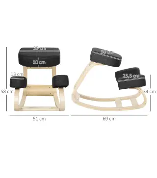 Silla Ergonómica de Rodillas con Cojines Acolchados Marco de Madera para una Mejor Postura Oficina Negro