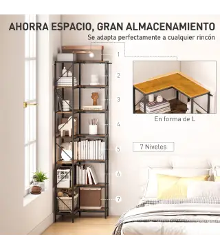 Estantería de Esquina de 7 Niveles Estantería Industrial para Dormitorio Salón Estudio 60x60x198 cm Marrón Rústico