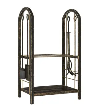 Estante de Leña de Metal de 2 Niveles con 4 Herramientas para Chimenea y Ganchos 43x30x74 cm Marrón Oscuro