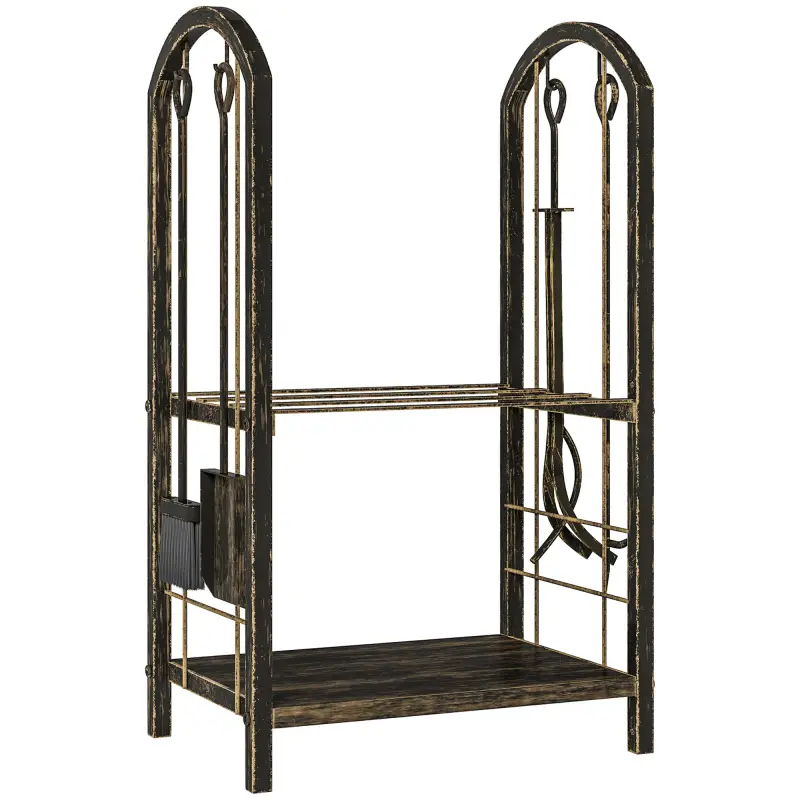 Estante de Leña de Metal de 2 Niveles con 4 Herramientas para Chimenea y Ganchos 43x30x74 cm Marrón Oscuro