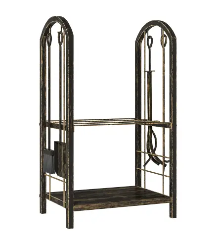 Estante de Leña de Metal de 2 Niveles con 4 Herramientas para Chimenea y Ganchos 43x30x74 cm Marrón Oscuro