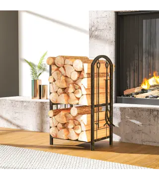 Estante de Leña de Metal de 2 Niveles con 4 Herramientas para Chimenea y Ganchos 43x30x74 cm Marrón Oscuro