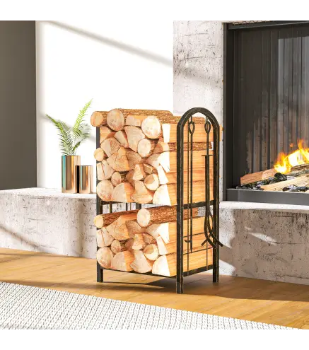 Estante de Leña de Metal de 2 Niveles con 4 Herramientas para Chimenea y Ganchos 43x30x74 cm Marrón Oscuro