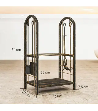 Estante de Leña de Metal de 2 Niveles con 4 Herramientas para Chimenea y Ganchos 43x30x74 cm Marrón Oscuro