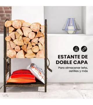 Estante de Leña de Metal de 2 Niveles con 4 Herramientas para Chimenea y Ganchos 43x30x74 cm Marrón Oscuro