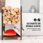 Estante de Leña de Metal de 2 Niveles con 4 Herramientas para Chimenea y Ganchos 43x30x74 cm Marrón Oscuro