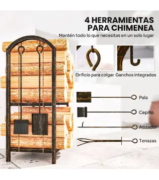Estante de Leña de Metal de 2 Niveles con 4 Herramientas para Chimenea y Ganchos 43x30x74 cm Marrón Oscuro