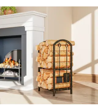 Estante de Leña de Metal de 2 Niveles con 4 Herramientas para Chimenea y Ganchos 43x30x74 cm Marrón Oscuro