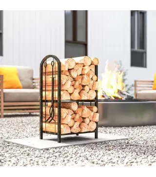 Estante de Leña de Metal de 2 Niveles con 4 Herramientas para Chimenea y Ganchos 43x30x74 cm Marrón Oscuro
