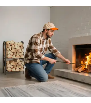 Estante de Leña de Metal de 2 Niveles con 4 Herramientas para Chimenea y Ganchos 43x30x74 cm Marrón Oscuro