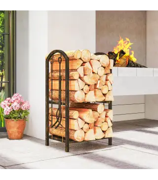 Estante de Leña de Metal de 2 Niveles con 4 Herramientas para Chimenea y Ganchos 43x30x74 cm Marrón Oscuro