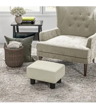 Reposapiés Salón de Tela de Lino Taburete Bajo con Asiento Acolchado Marco de Madera Patas Beige