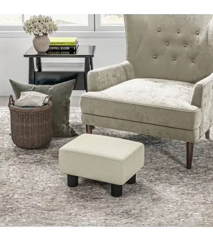 Reposapiés Salón de Tela de Lino Taburete Bajo con Asiento Acolchado Marco de Madera Patas Beige