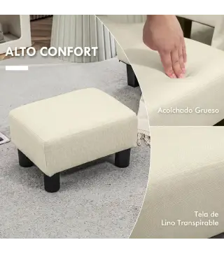 Reposapiés Salón de Tela de Lino Taburete Bajo con Asiento Acolchado Marco de Madera Patas Beige
