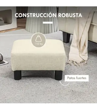 Reposapiés Salón de Tela de Lino Taburete Bajo con Asiento Acolchado Marco de Madera Patas Beige
