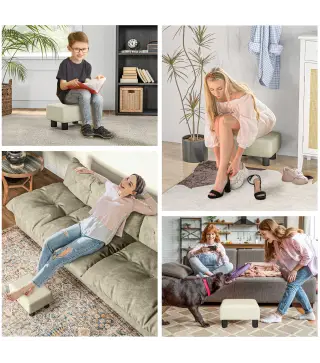 Reposapiés Salón de Tela de Lino Taburete Bajo con Asiento Acolchado Marco de Madera Patas Beige