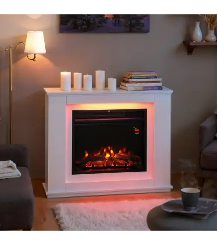Chimenea Eléctrica 1000/2000W con Efecto de Llama de 5 Niveles de Brillo y 12 Colores para 30 ㎡ Blanco