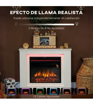 Chimenea Eléctrica 1000/2000W con Efecto de Llama de 5 Niveles de Brillo y 12 Colores para 30 ㎡ Blanco
