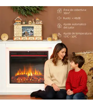 Chimenea Eléctrica 1000/2000W con Efecto de Llama de 5 Niveles de Brillo y 12 Colores para 30 ㎡ Blanco