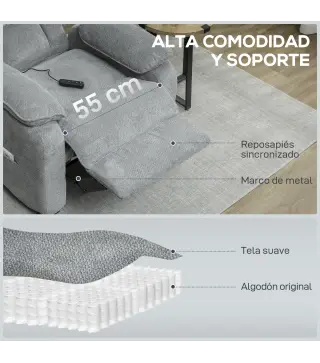 Sillón Relax Reclinable Eléctrico Motor Silencioso 2 Posiciones Memoria Reposapiés Reposacabezas Puerto USB y Bolsillos
