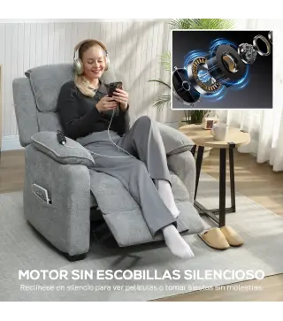 Sillón Relax Reclinable Eléctrico Motor Silencioso 2 Posiciones Memoria Reposapiés Reposacabezas Puerto USB y Bolsillos