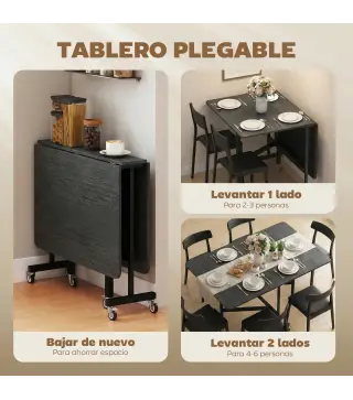 Mesa de Comedor Plegable para 4-6 Personas con Ruedas y Alas Abatibles Mesa Abatible para Cocina 120x80x73cm Negro