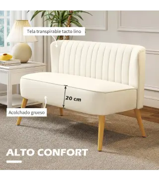 Sofá de 2 Plazas Tapizado en Lino Sintético Asiento y Respaldo Acolchados Patas de Madera Carga 220 kg Blanco Crema
