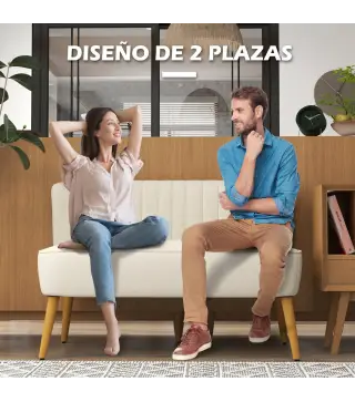 Sofá de 2 Plazas Tapizado en Lino Sintético Asiento y Respaldo Acolchados Patas de Madera Carga 220 kg Blanco Crema