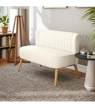 Sofá de 2 Plazas Tapizado en Lino Sintético Asiento y Respaldo Acolchados Patas de Madera Carga 220 kg Blanco Crema