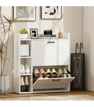 Zapatero Estrecho con 2 Puertas 3 Estantes Laterales y Estantes Ajustables para 15 Pares de Zapatos Blanco
