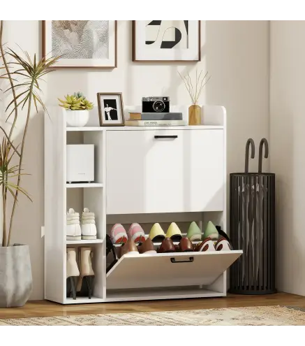 Zapatero Estrecho con 2 Puertas 3 Estantes Laterales y Estantes Ajustables para 15 Pares de Zapatos Blanco