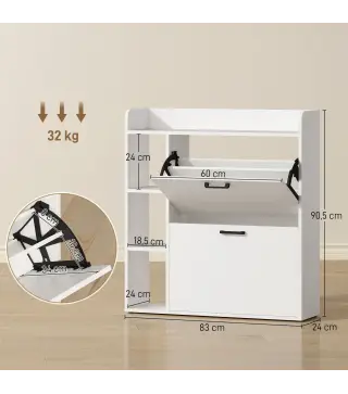 Zapatero Estrecho con 2 Puertas 3 Estantes Laterales y Estantes Ajustables para 15 Pares de Zapatos Blanco