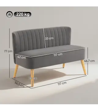 Sofá de 2 Plazas Tapizado en Terciopelo Asiento y Respaldo Acolchados Patas de Madera Carga 220 kg Gris Oscuro