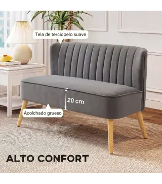 Sofá de 2 Plazas Tapizado en Terciopelo Asiento y Respaldo Acolchados Patas de Madera Carga 220 kg Gris Oscuro