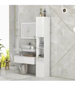Armario de Baño Alto y Estrecho con Puertas y Estantes Ajustables 30x30x81,5 cm Blanco Brillo