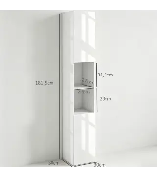 Armario de Baño Alto y Estrecho con Puertas y Estantes Ajustables 30x30x81,5 cm Blanco Brillo