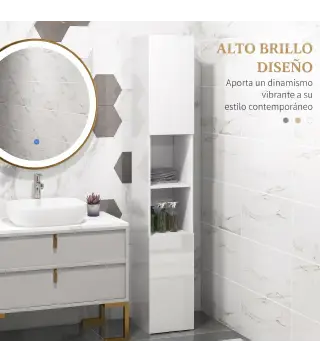 Armario de Baño Alto y Estrecho con Puertas y Estantes Ajustables 30x30x81,5 cm Blanco Brillo