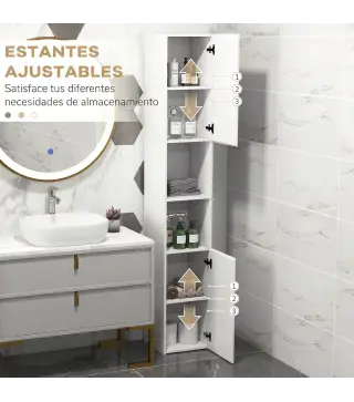 Armario de Baño Alto y Estrecho con Puertas y Estantes Ajustables 30x30x81,5 cm Blanco Brillo