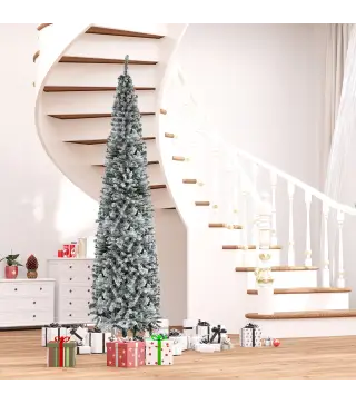 Árbol de Navidad Estrecho 270 cm Árbol Navideño Nevado con 1014 Ramas y Soporte de Metal para Salón Verde y Blanco