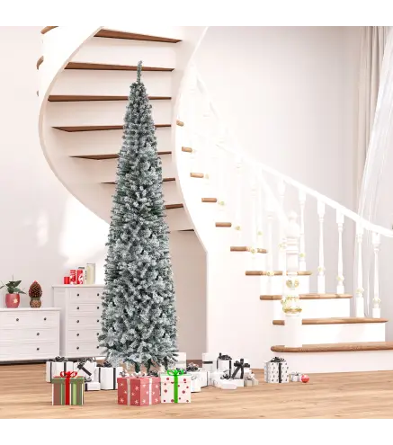 Árbol de Navidad Estrecho 270 cm Árbol Navideño Nevado con 1014 Ramas y Soporte de Metal para Salón Verde y Blanco