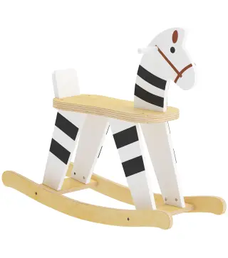 Caballito Balancín para Bebés Caballo Balancín con Base de Madera y Respaldo para Niños de 1,5 a 3 Años Negro y Blanco
