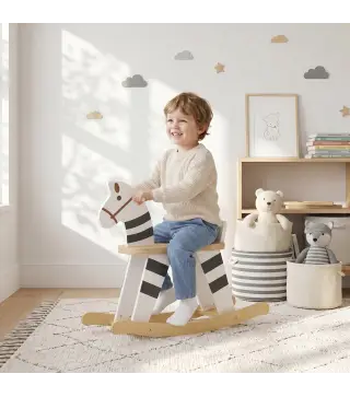 Caballito Balancín para Bebés Caballo Balancín con Base de Madera y Respaldo para Niños de 1,5 a 3 Años Negro y Blanco