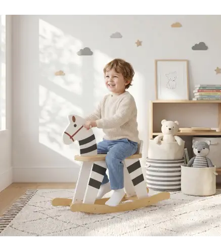 Caballito Balancín para Bebés Caballo Balancín con Base de Madera y Respaldo para Niños de 1,5 a 3 Años Negro y Blanco
