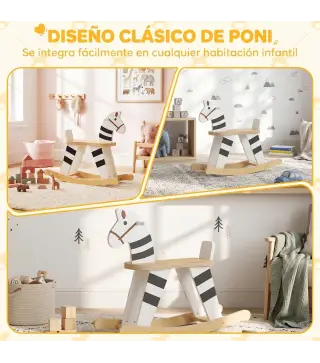 Caballito Balancín para Bebés Caballo Balancín con Base de Madera y Respaldo para Niños de 1,5 a 3 Años Negro y Blanco